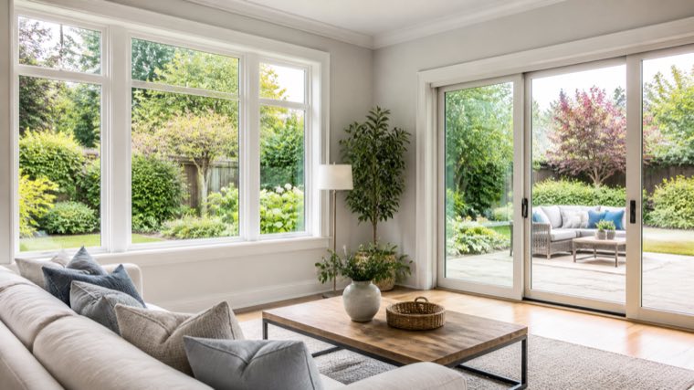 Bright living room with large windows and a glazed patio door