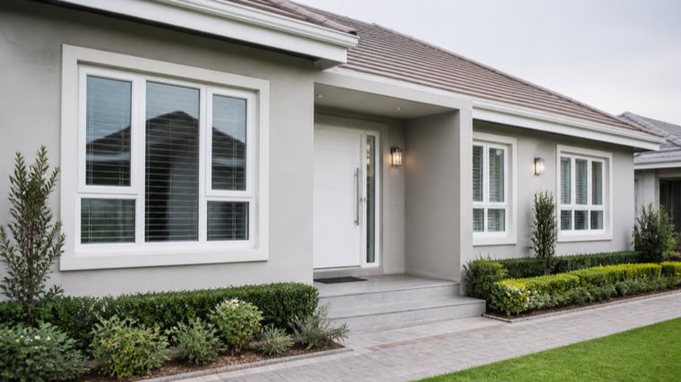 Modern home exterior with new white windows and a matching front door
